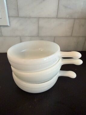 Set of 3 VINTAGE Glassbake Milk Glass Lug Handle soup bowls